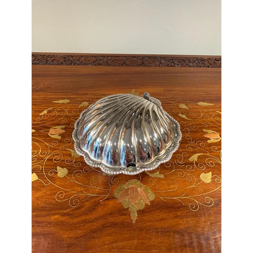 Vintage Clamshell Butter Dish • E&JL Silver Plate Server w/ Frosted Glass Insert